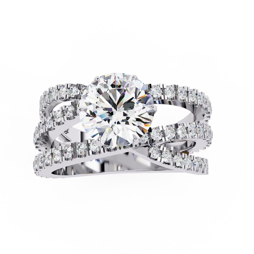 Round solitaire diamond engagement ring with criss-cross white gold band
