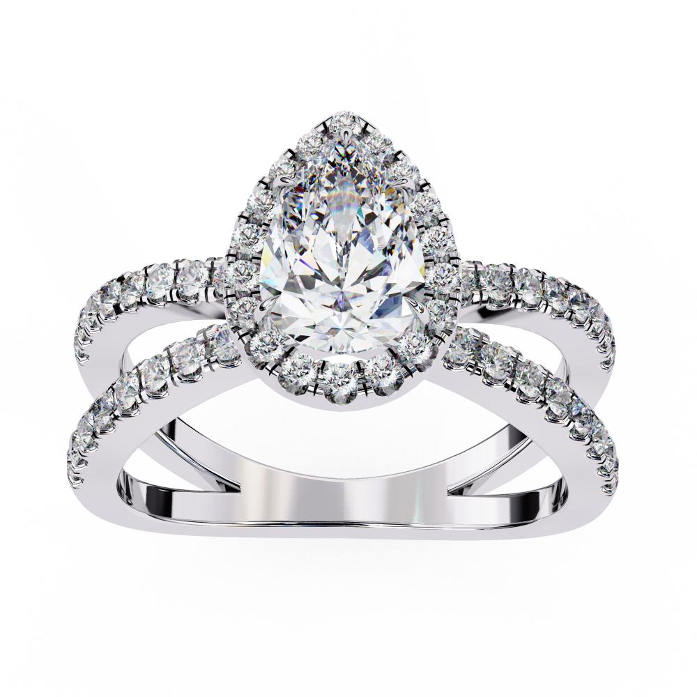 Pear halo diamond engagement ring in white gold with crossover design