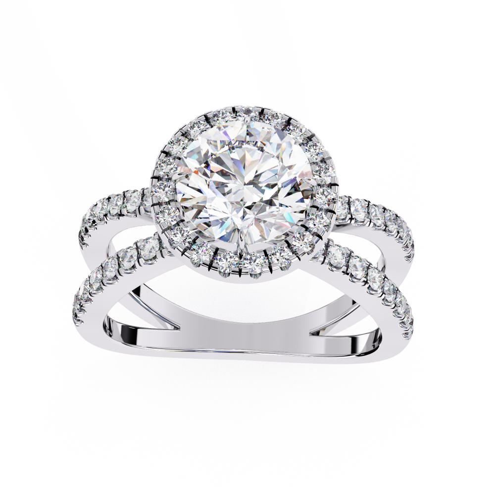 Round halo diamond engagement ring in white gold with crossover design