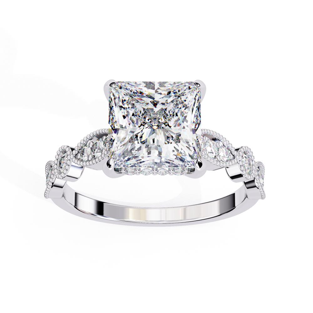 White Gold engagement ring with princess diamond and Milgrain details