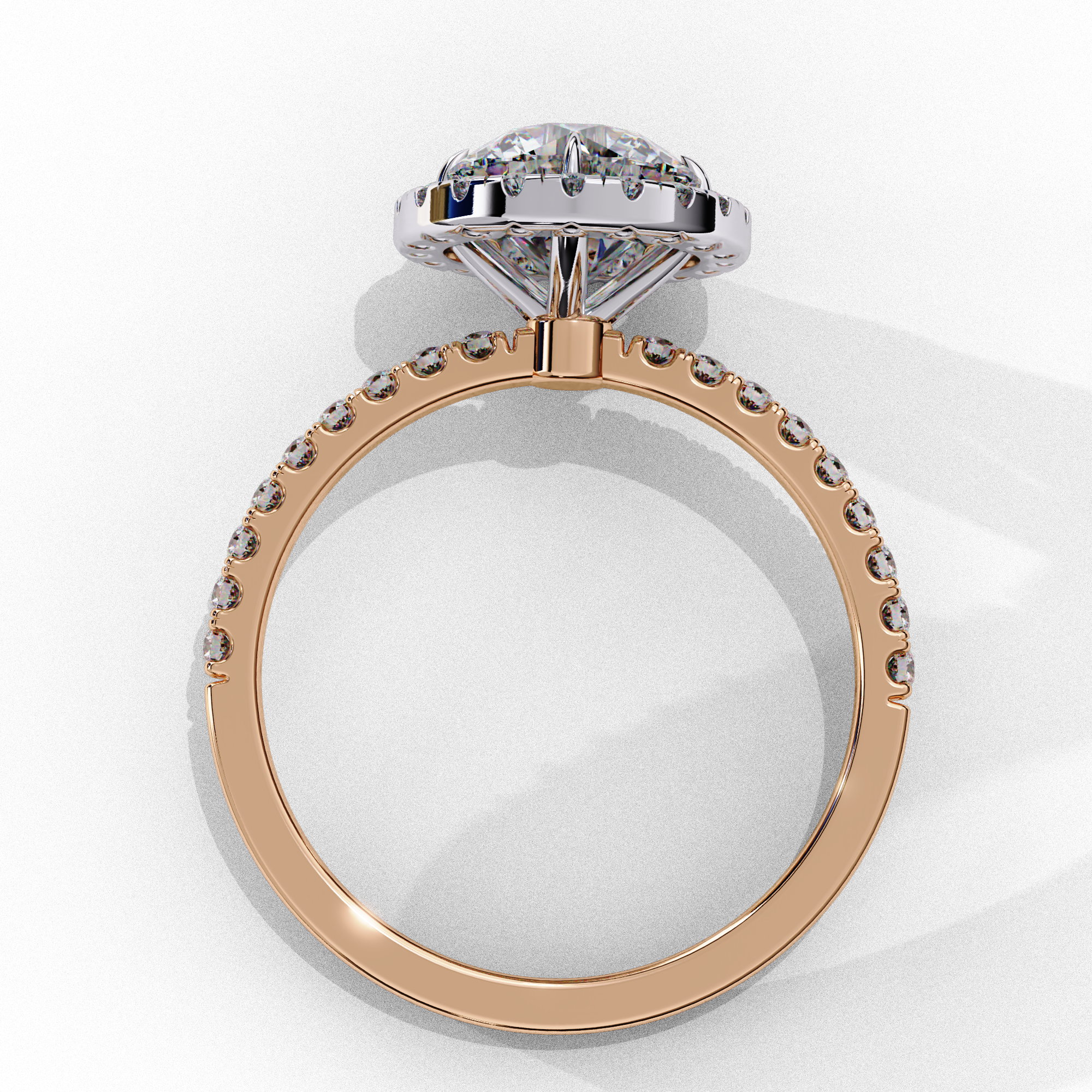 Round brilliant diamond engagement ring with micro pavé rose gold band