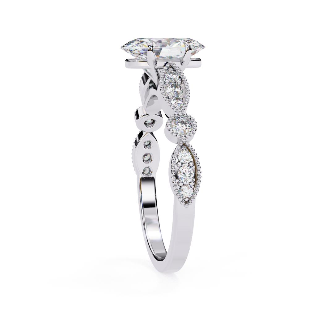 Elegant white gold Milgrain Cathedral engagement ring with oval diamond