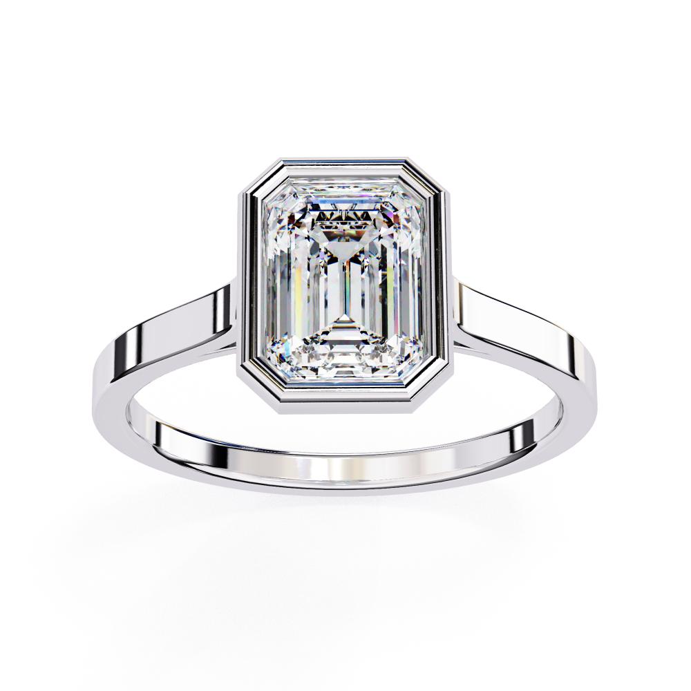 Bezel Emerald Cut Solitaire Diamond Engagement Ring in White Gold