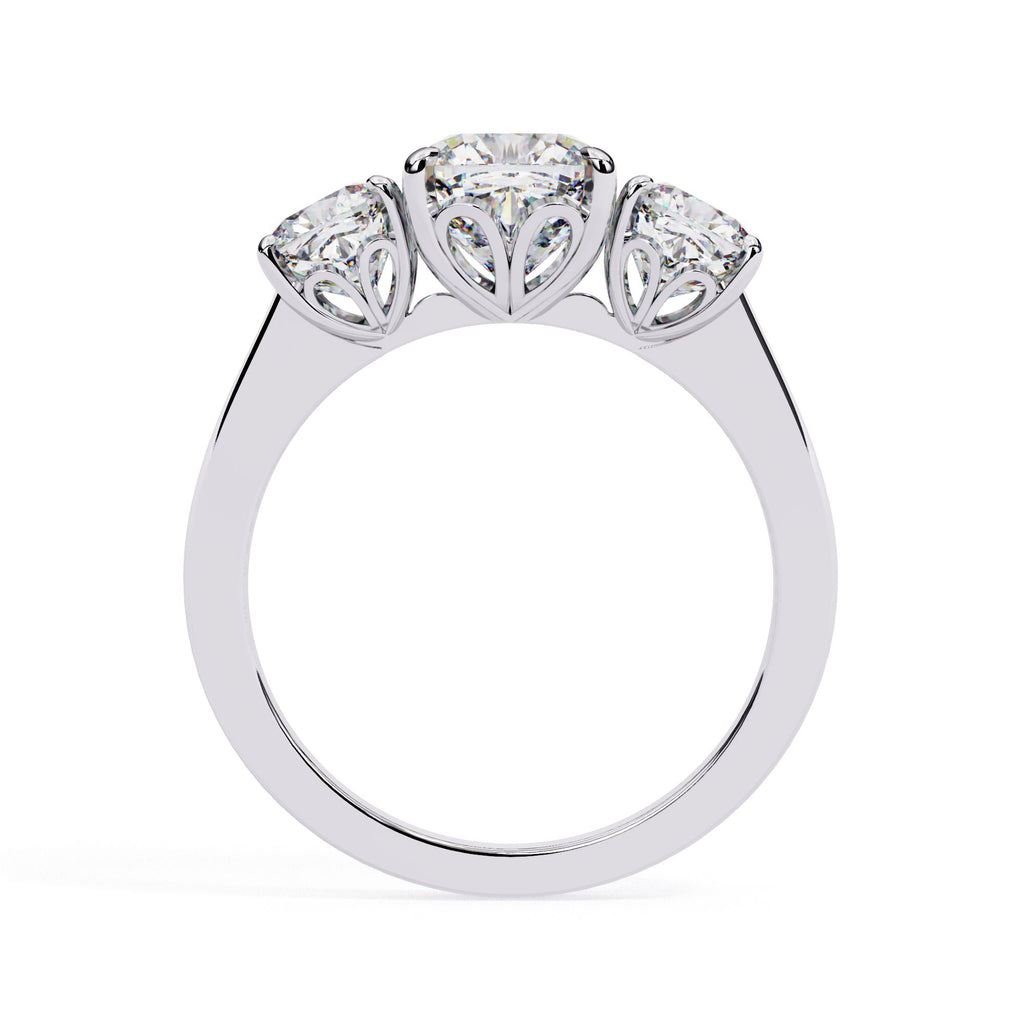 Three-stone cushion cut diamond ring in white gold – affordable engagement ring