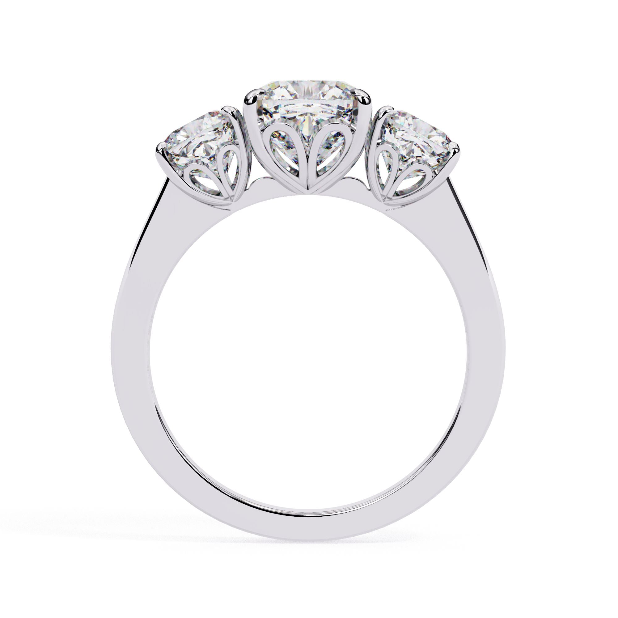 Three-stone cushion cut diamond ring in white gold – affordable engagement ring