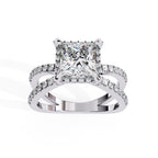 Princess halo diamond engagement ring in white gold with crossover design