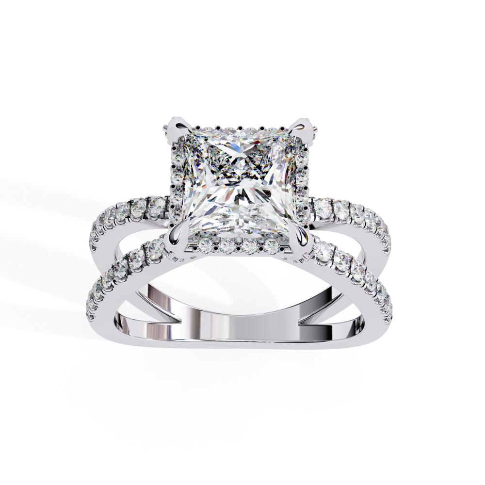 Princess halo diamond engagement ring in white gold with crossover design