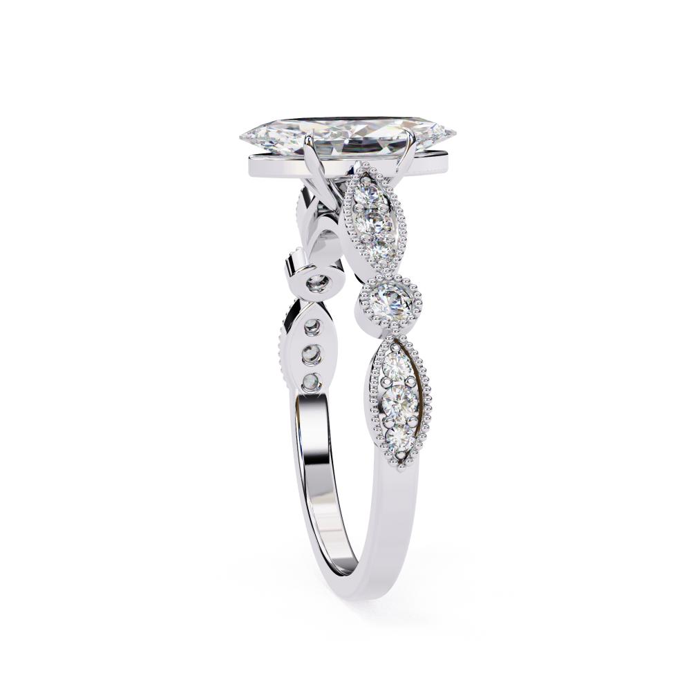Elegant white gold Milgrain Cathedral engagement ring with marquise diamond