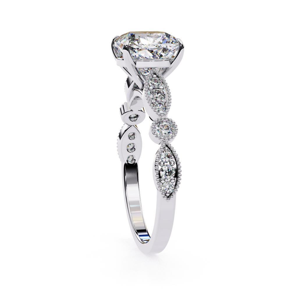 Elegant white gold Milgrain Cathedral engagement ring with cushion-cut diamond