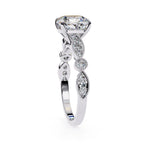 Elegant white gold Milgrain Cathedral engagement ring with cushion-cut diamond