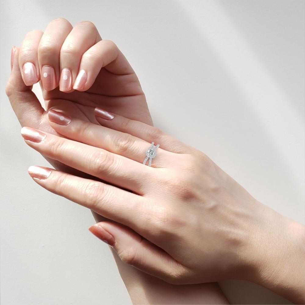 The Cushion Halo Crossover Engagement Ring in Gold