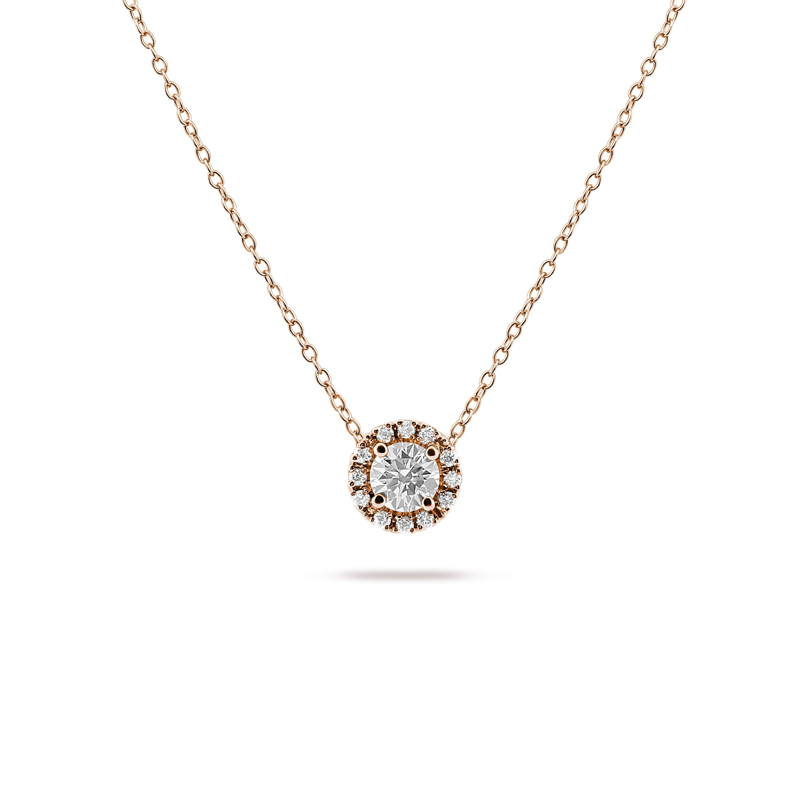 Classic Round halo diamond pendant in rose gold