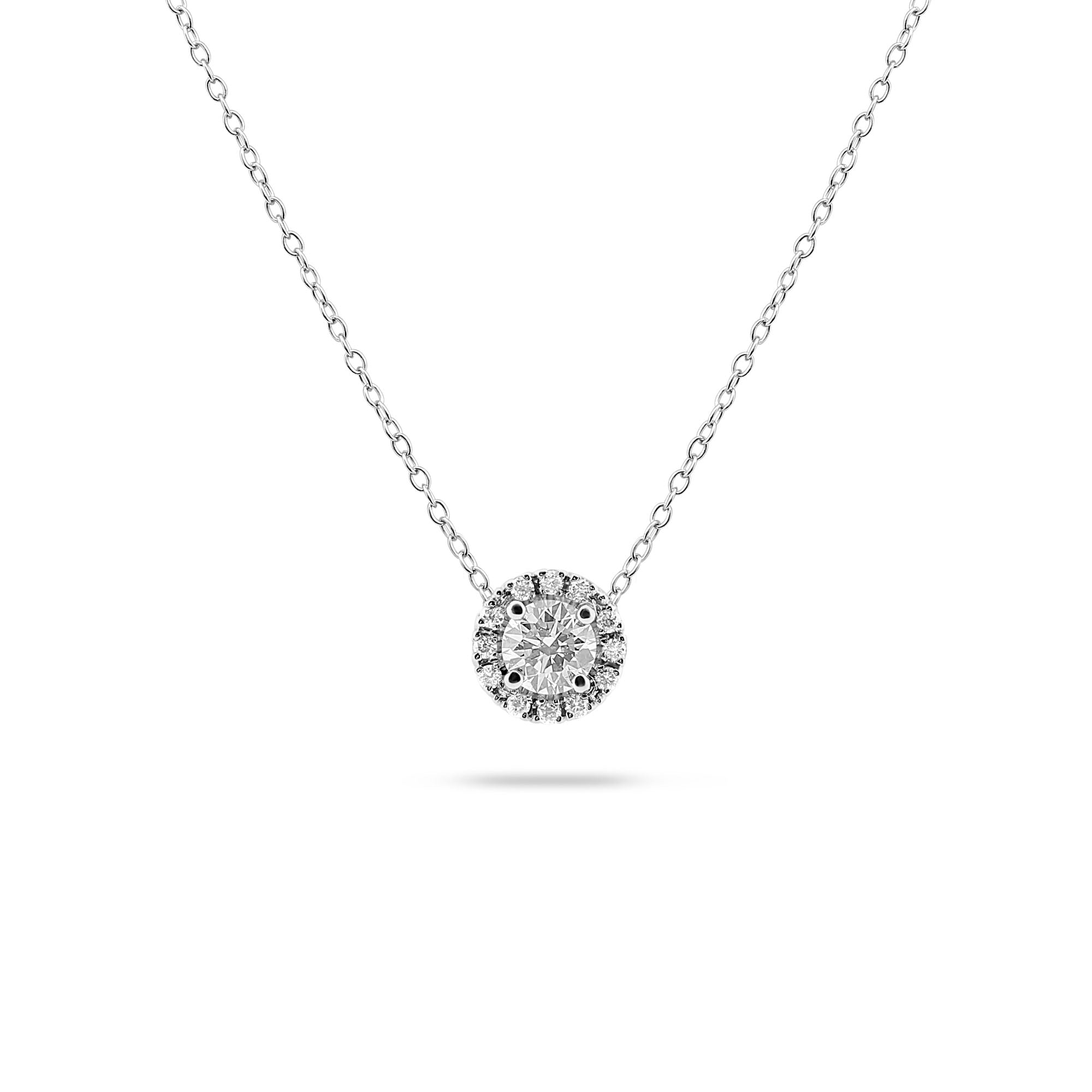 Classic Round halo diamond pendant in white gold