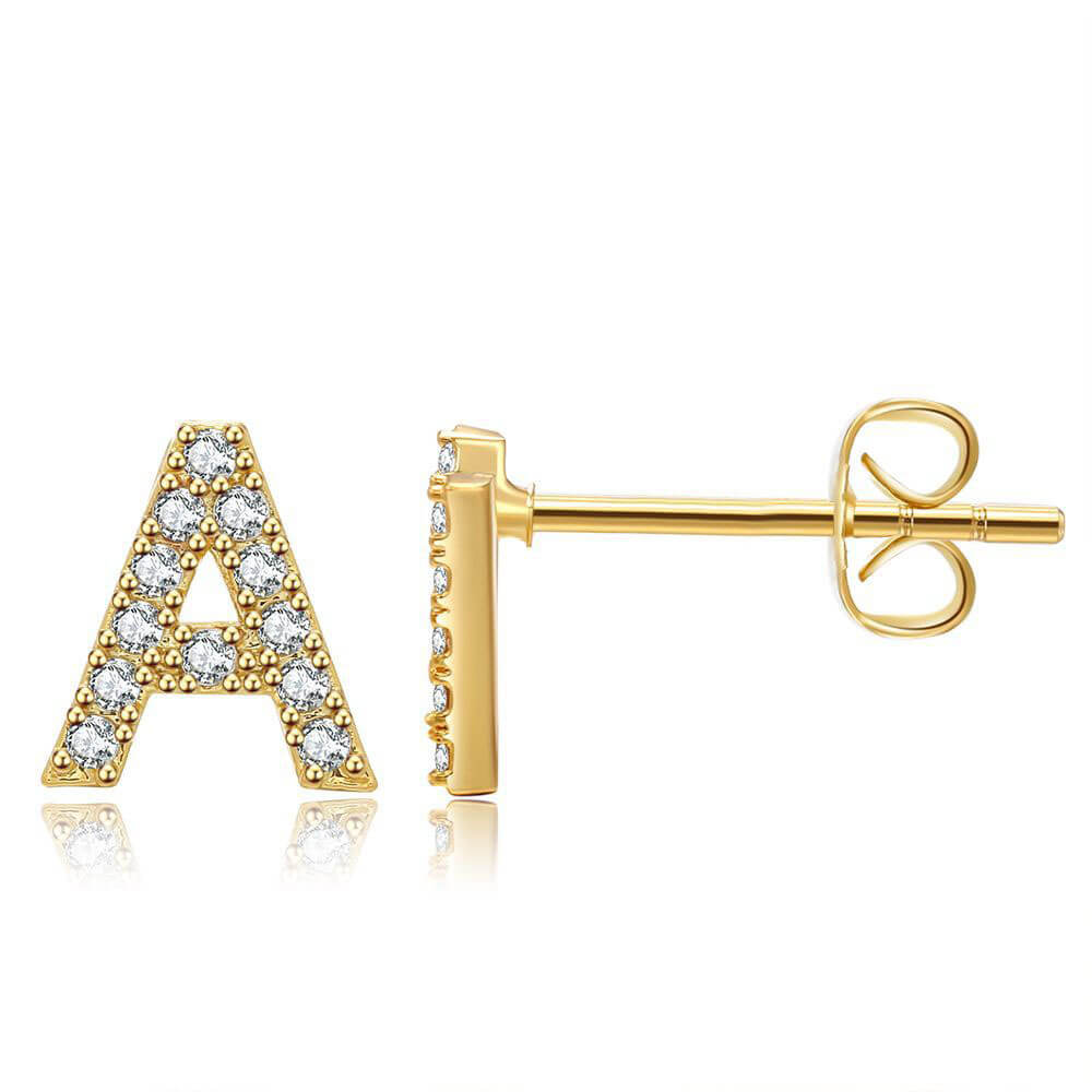 Letter A Initial Diamond Stud Earrings in Gold