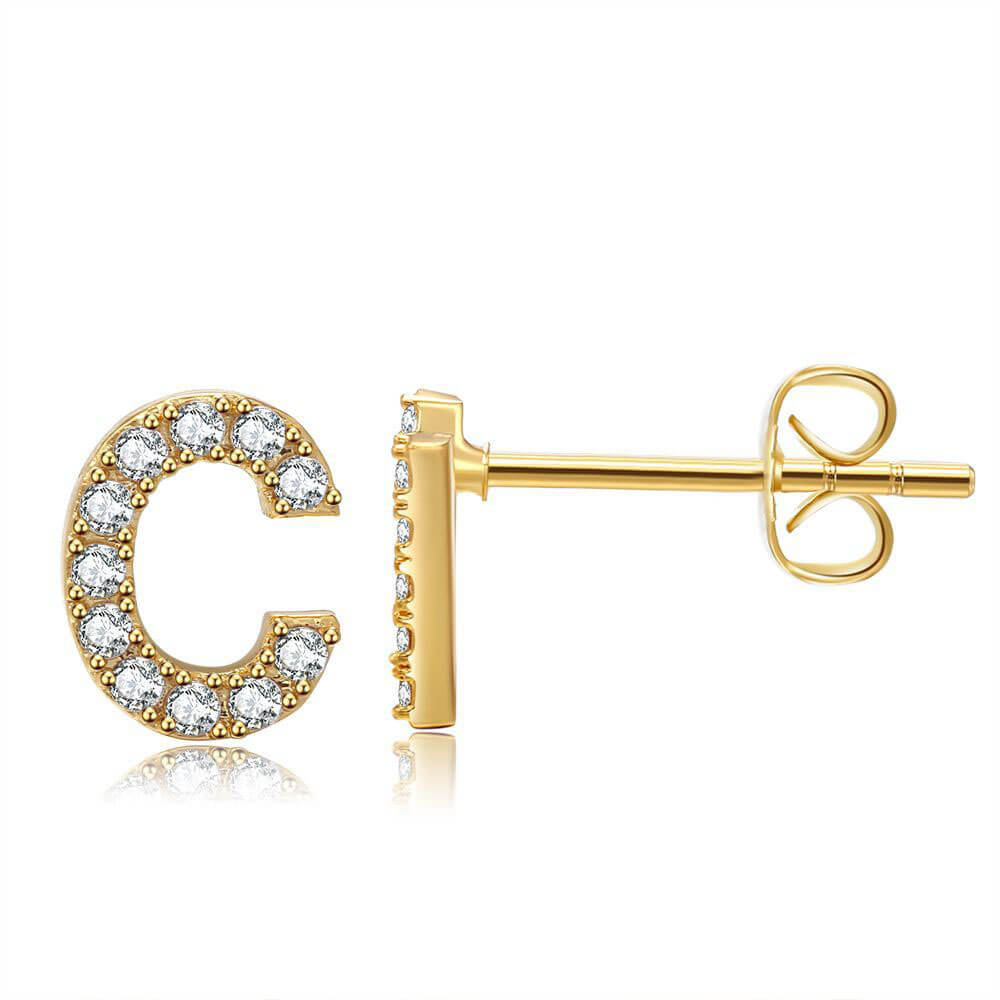 Letter C Initial Diamond Stud Earrings in Gold
