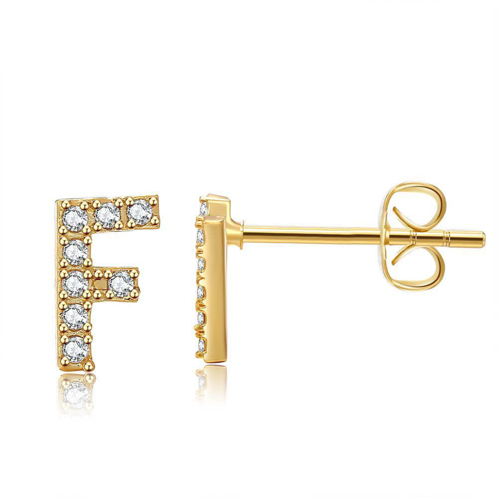 Letter F Initial Diamond Stud Earrings in Gold