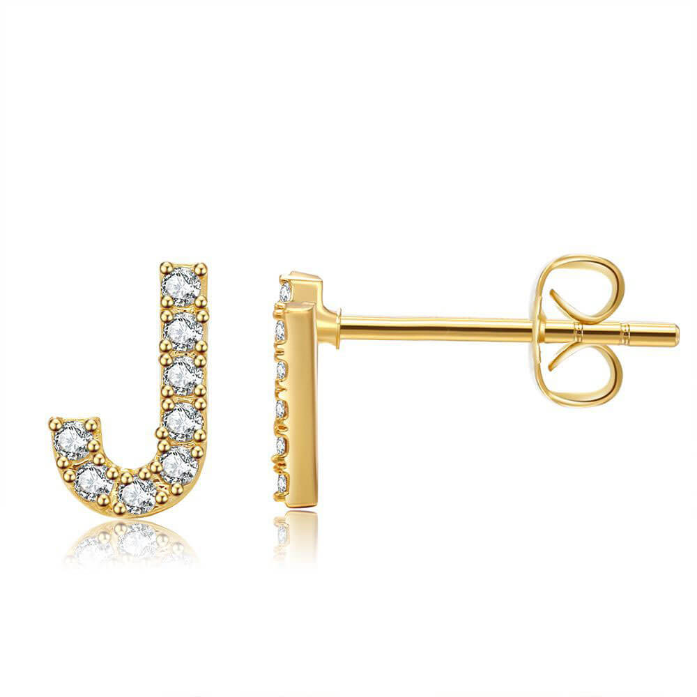 Letter J Initial Diamond Stud Earrings in Gold