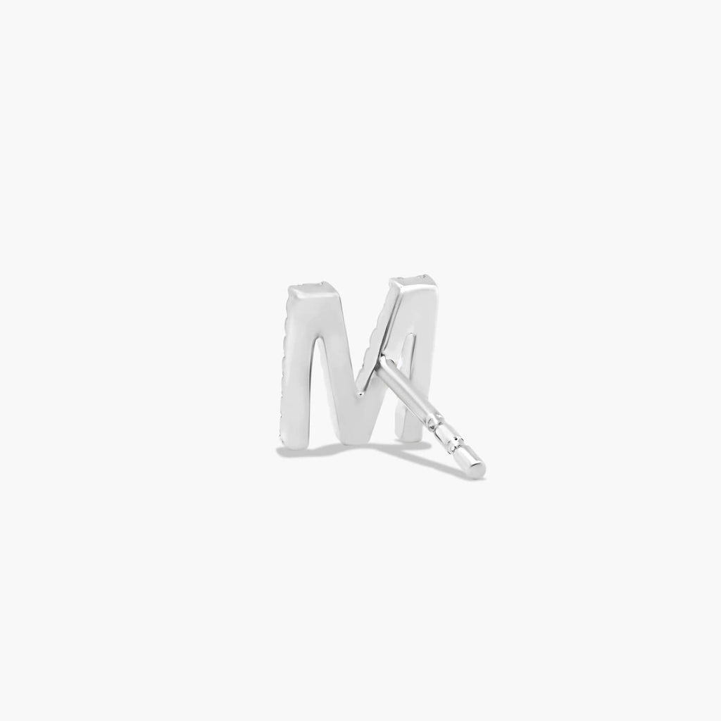 Letter M Initial Diamond Stud Earrings in White Gold
