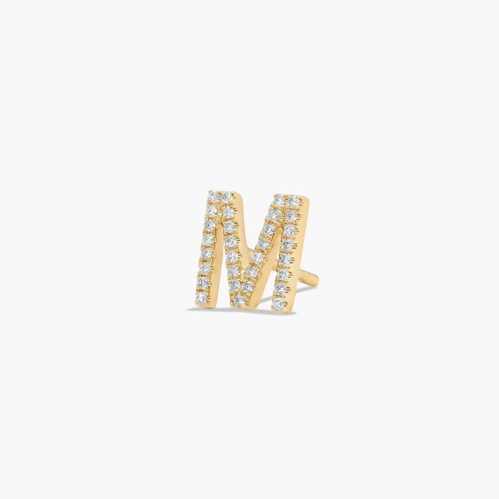 Letter M Initial Diamond Stud Earrings in Gold
