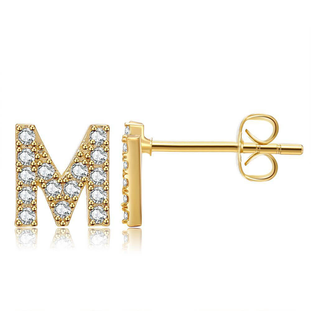 Letter M Initial Diamond Stud Earrings in Gold