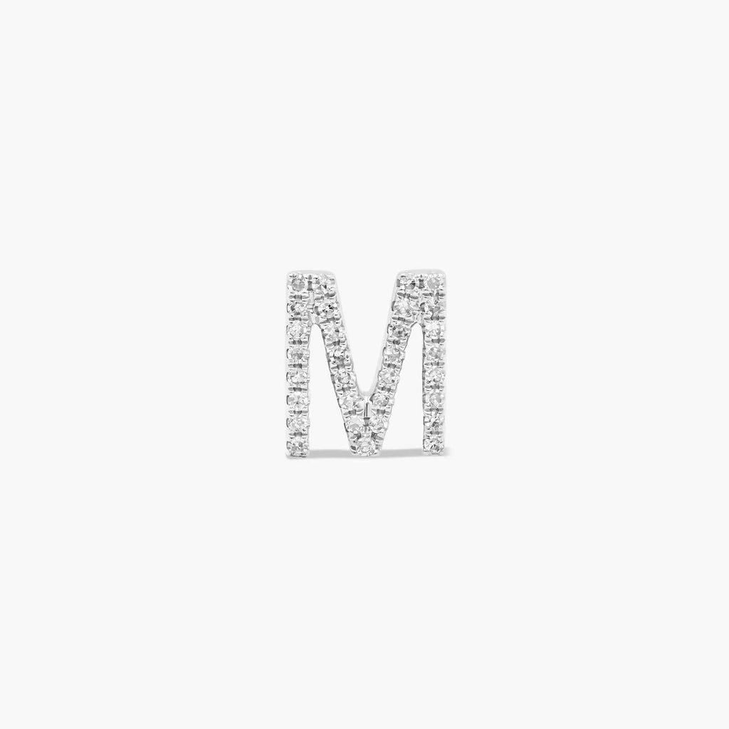 Letter M Initial Diamond Stud Earrings in White Gold
