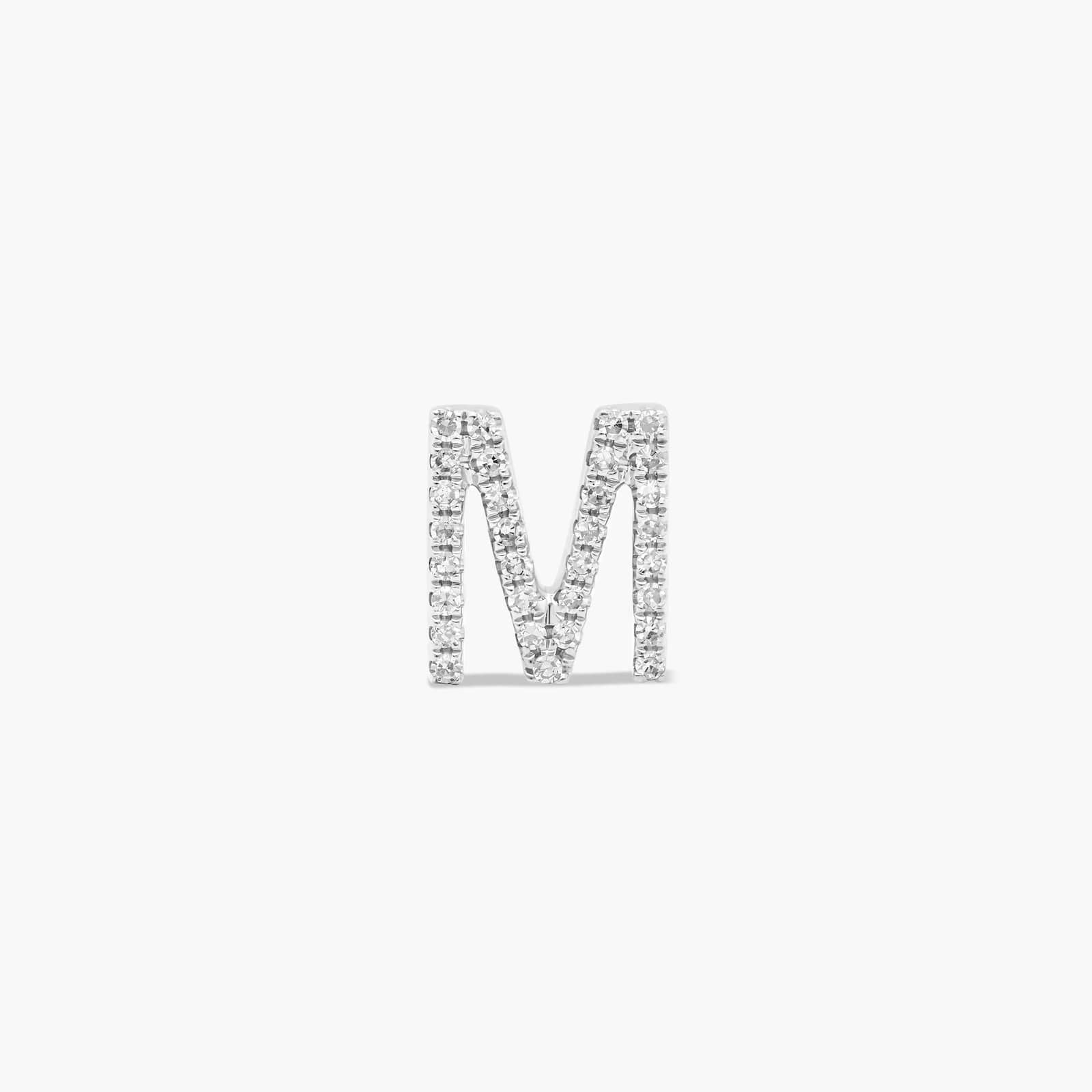 Letter M Initial Diamond Stud Earrings in White Gold