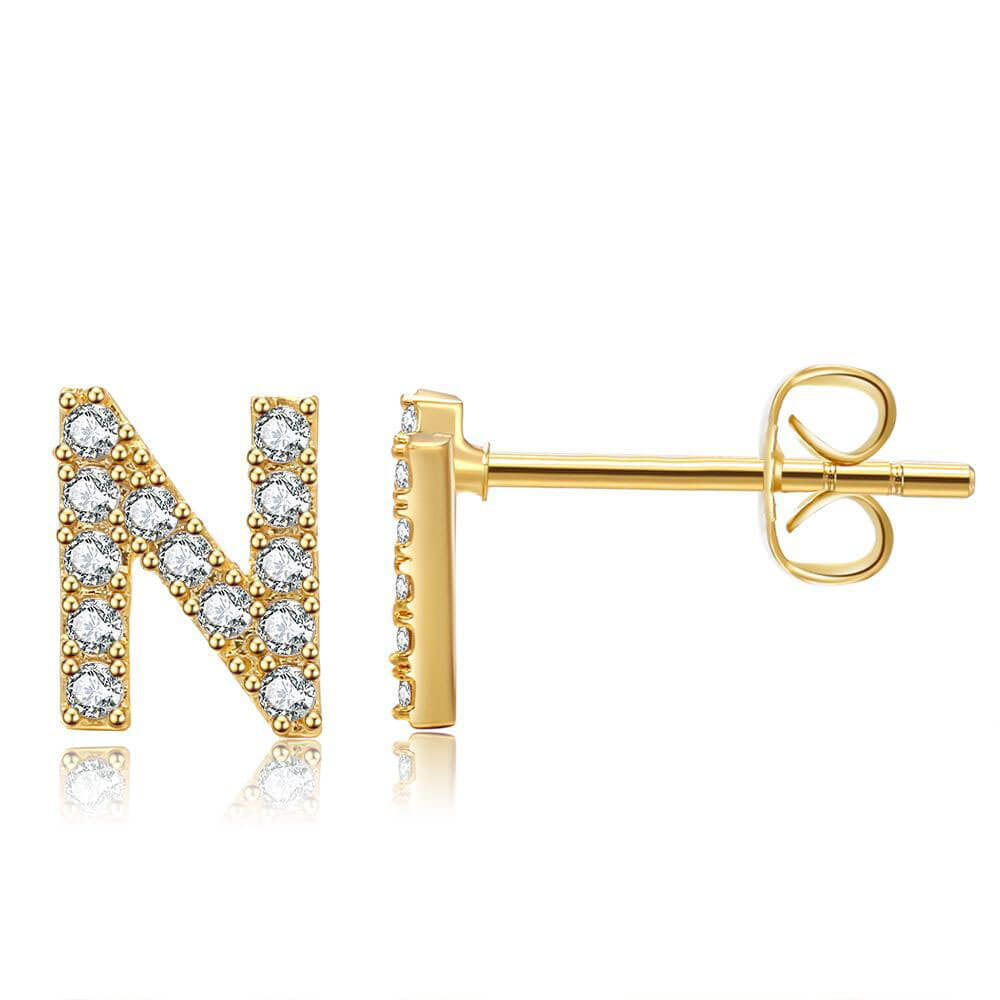 Letter N Initial Diamond Stud Earrings in Gold