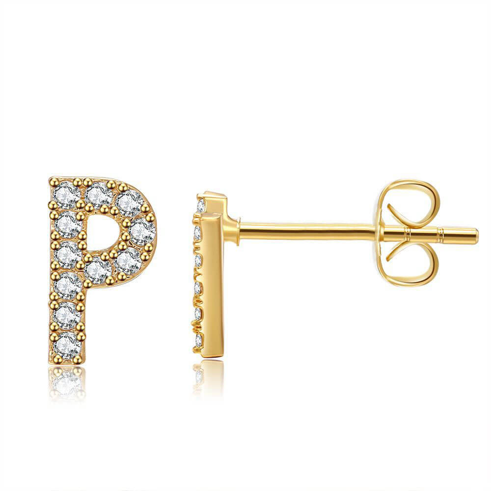 Letter P Initial Diamond Stud Earrings in Gold