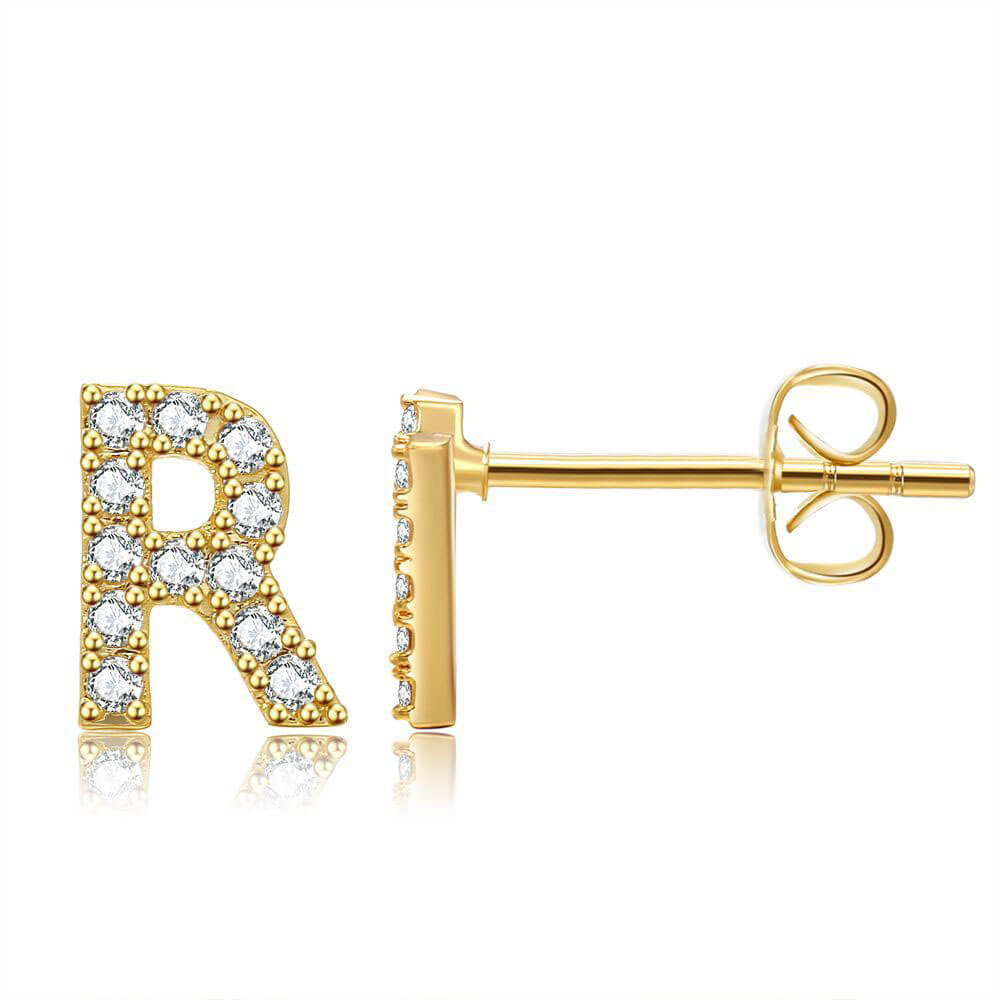 Letter R Initial Diamond Stud Earrings in Gold