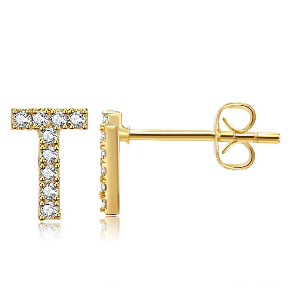 Letter T Initial Diamond Stud Earrings in Gold