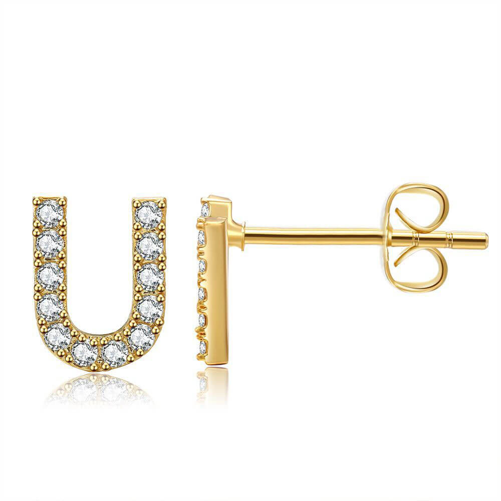Letter U Initial Diamond Stud Earrings in Gold