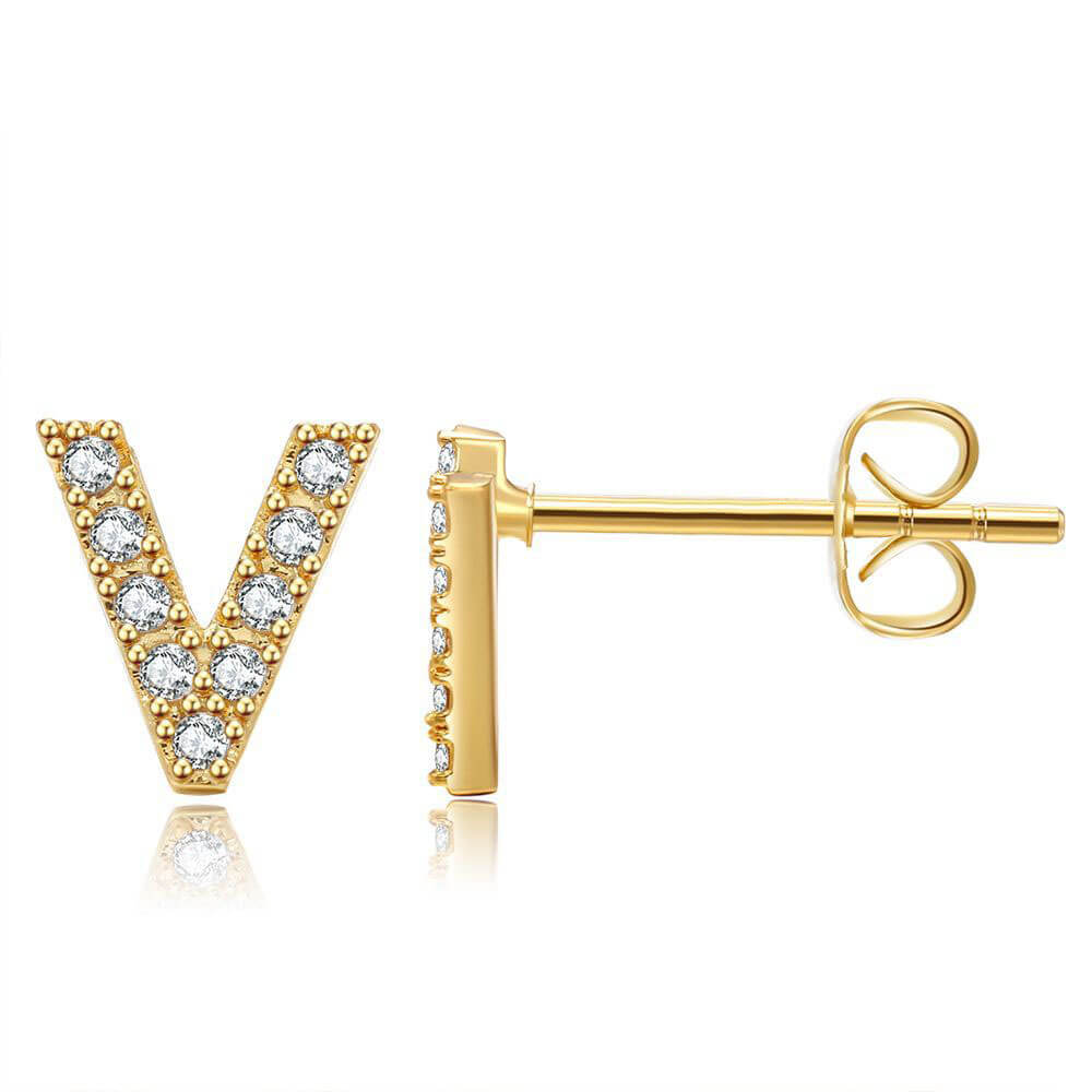 Letter V Initial Diamond Stud Earrings in Gold