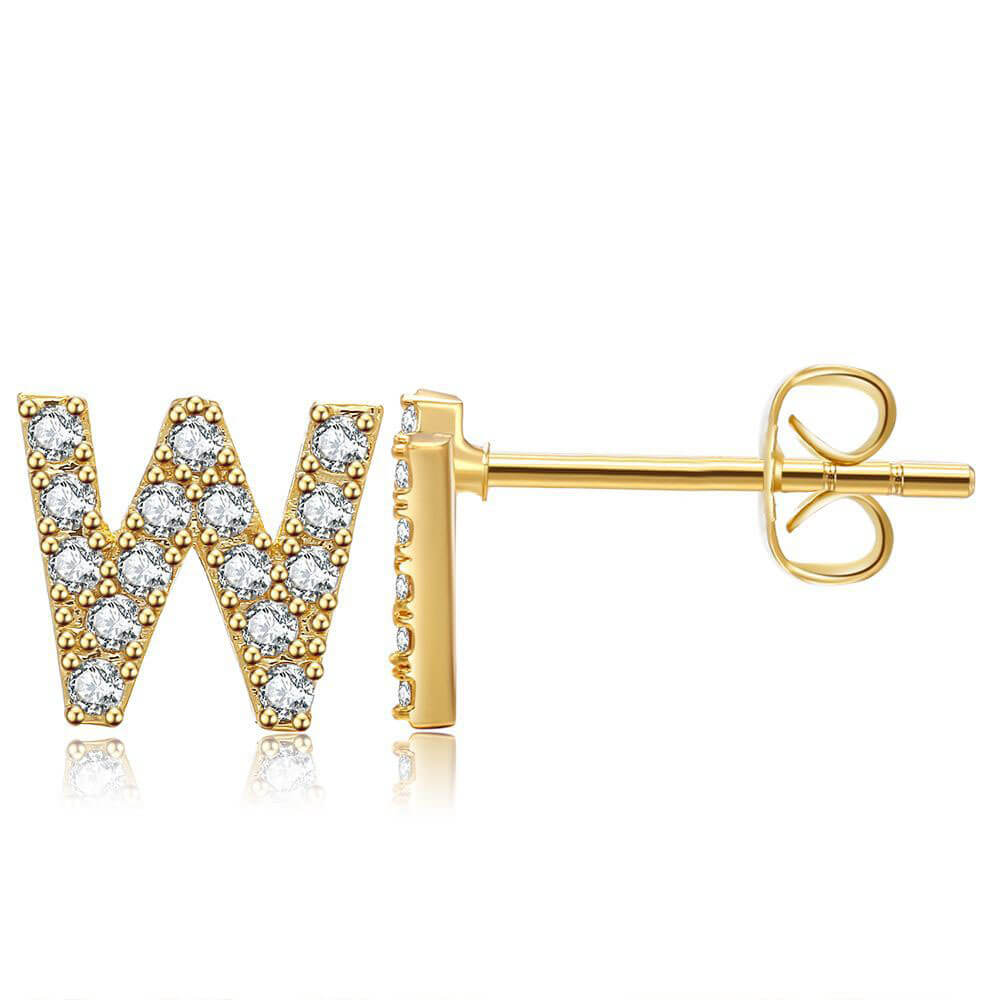 Letter W Initial Diamond Stud Earrings in Gold