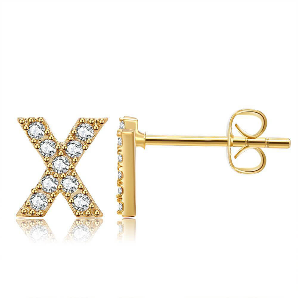 Letter X Initial Diamond Stud Earrings in Gold