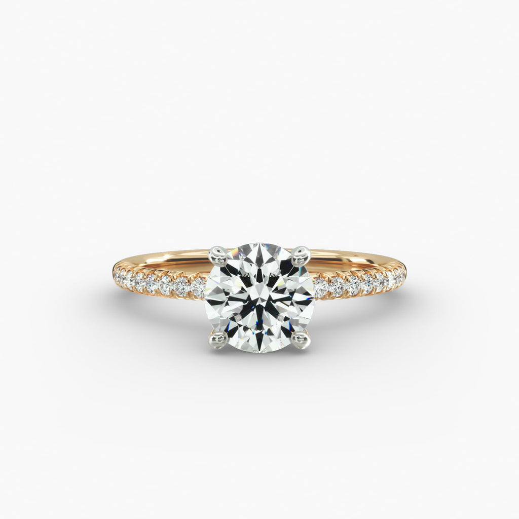 Petite pavé diamond engagement ring in gold with round diamond