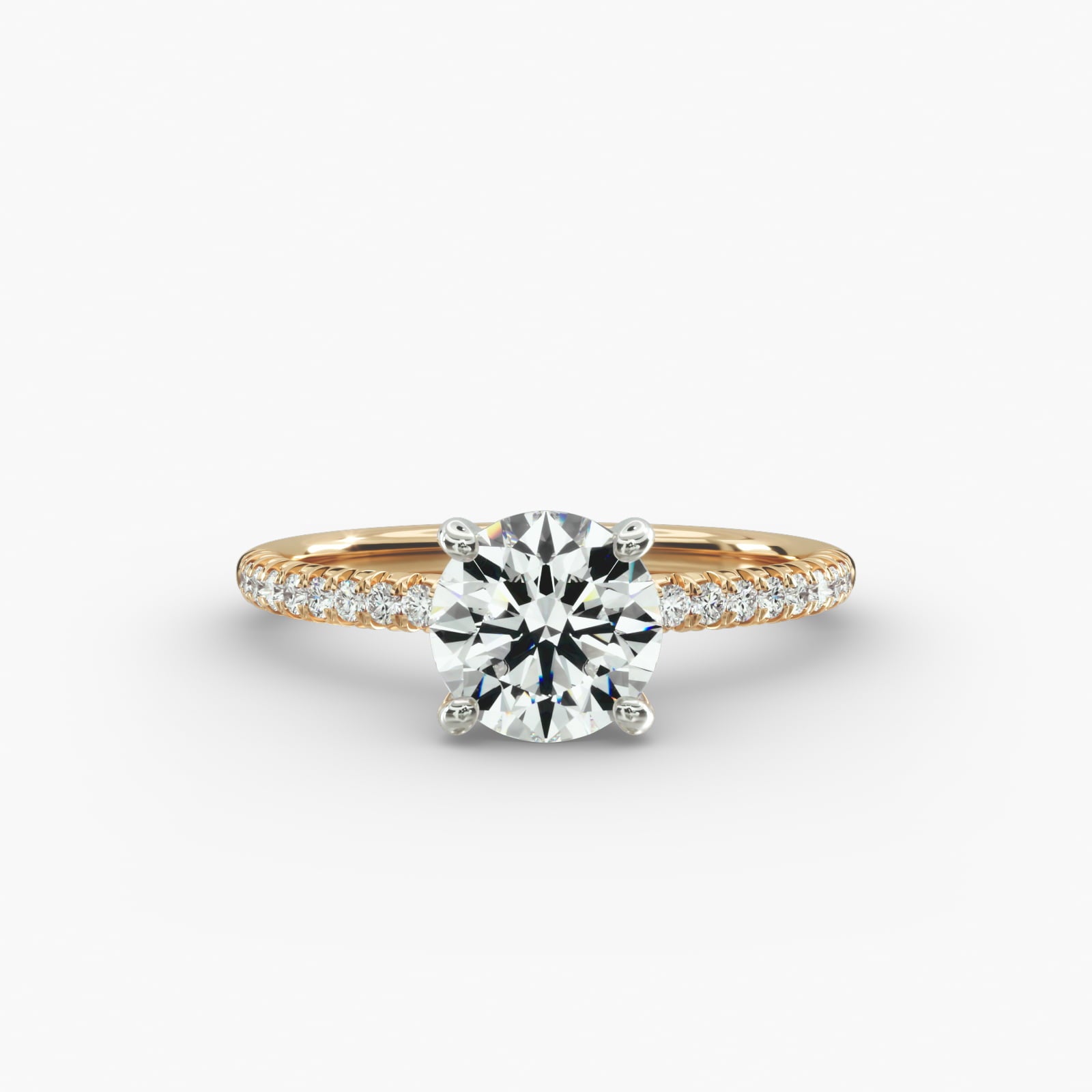 Petite pavé diamond engagement ring in gold with round diamond