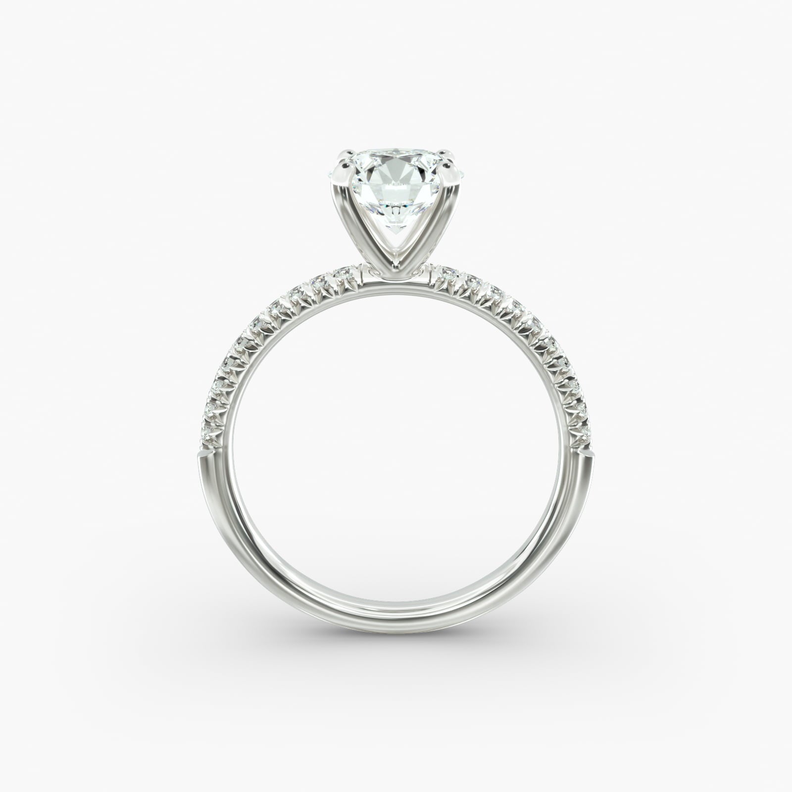 Petite pavé diamond engagement ring in white gold with round diamond