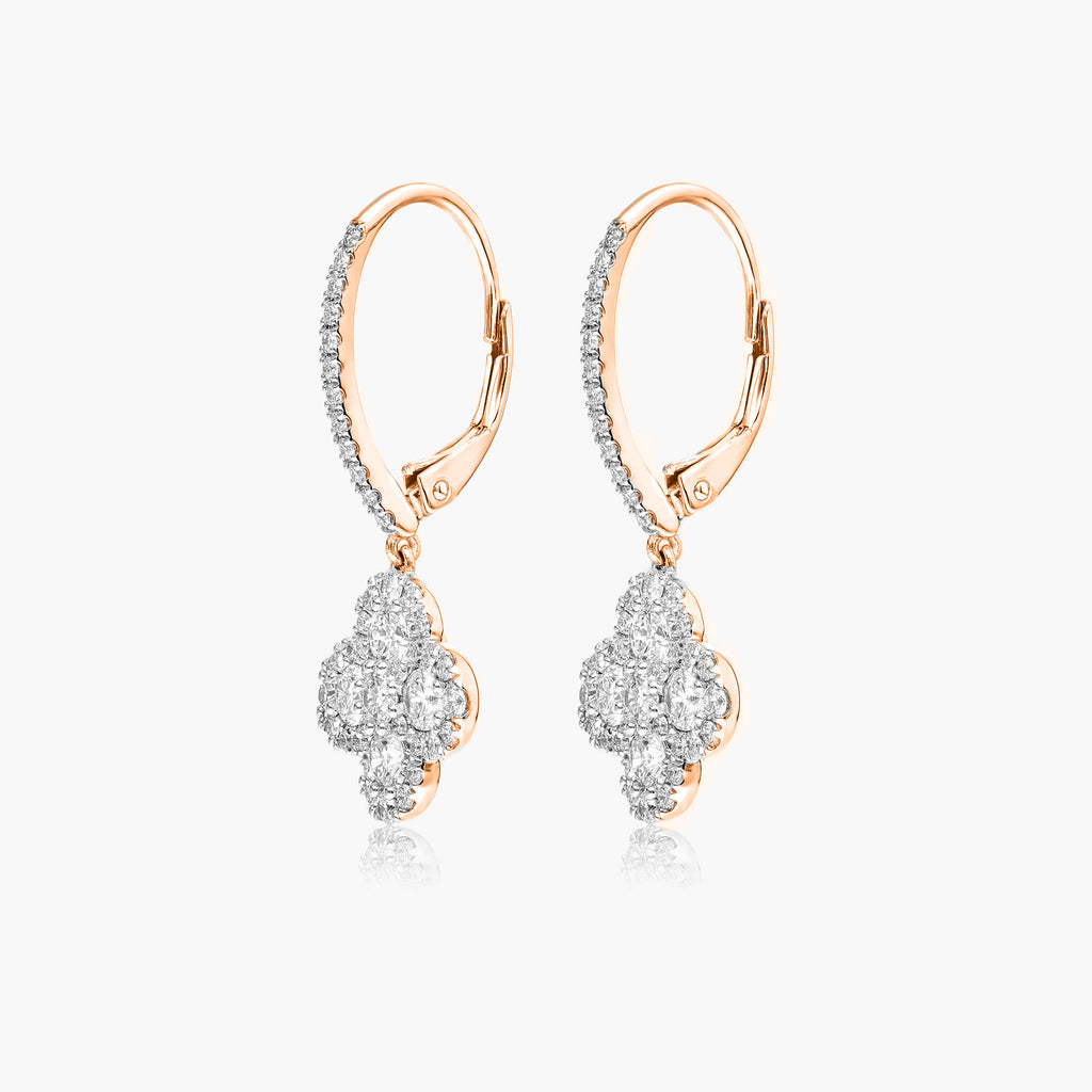 Clover pattern diamond dangle earrings in rose gold