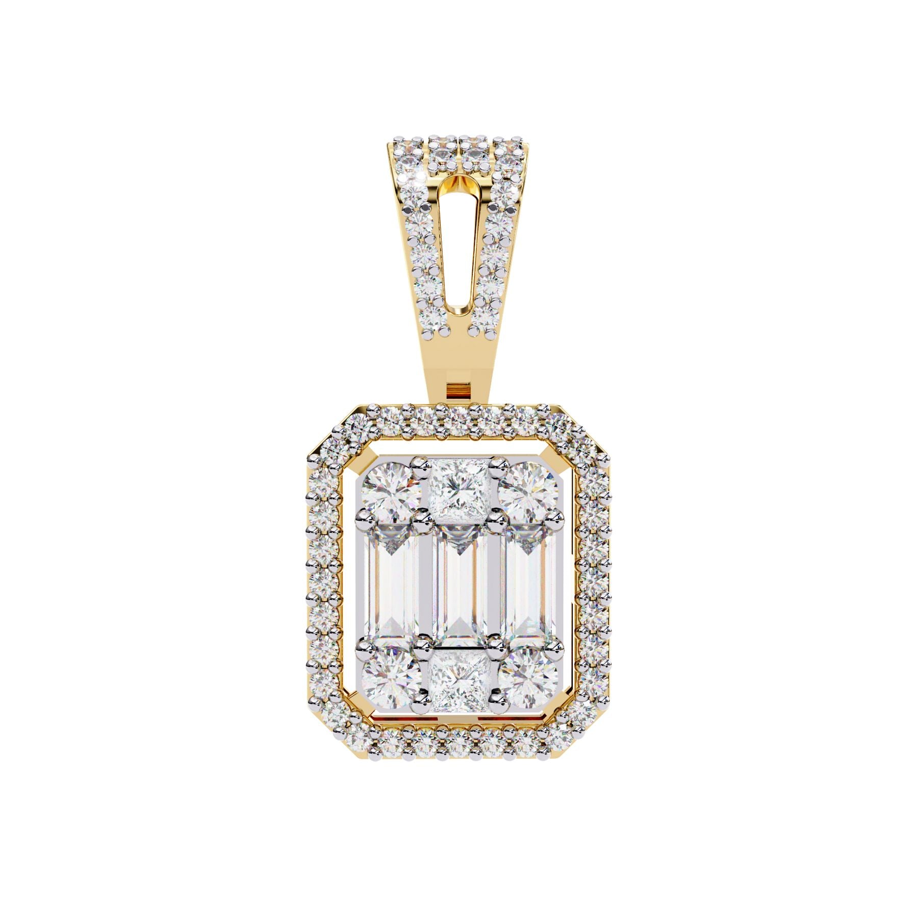 Princess-style rectangular diamond pendant with gold chain