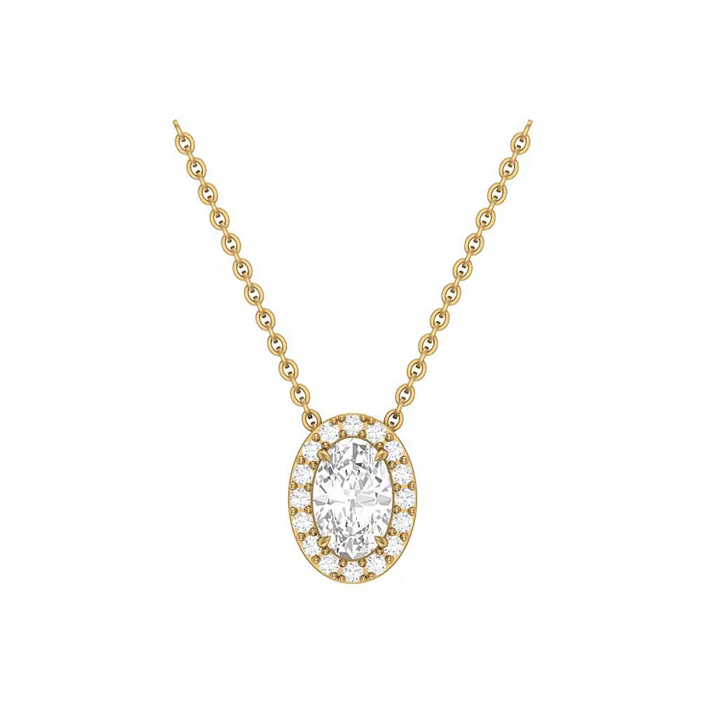 Oval-shaped halo diamond pendant in gold