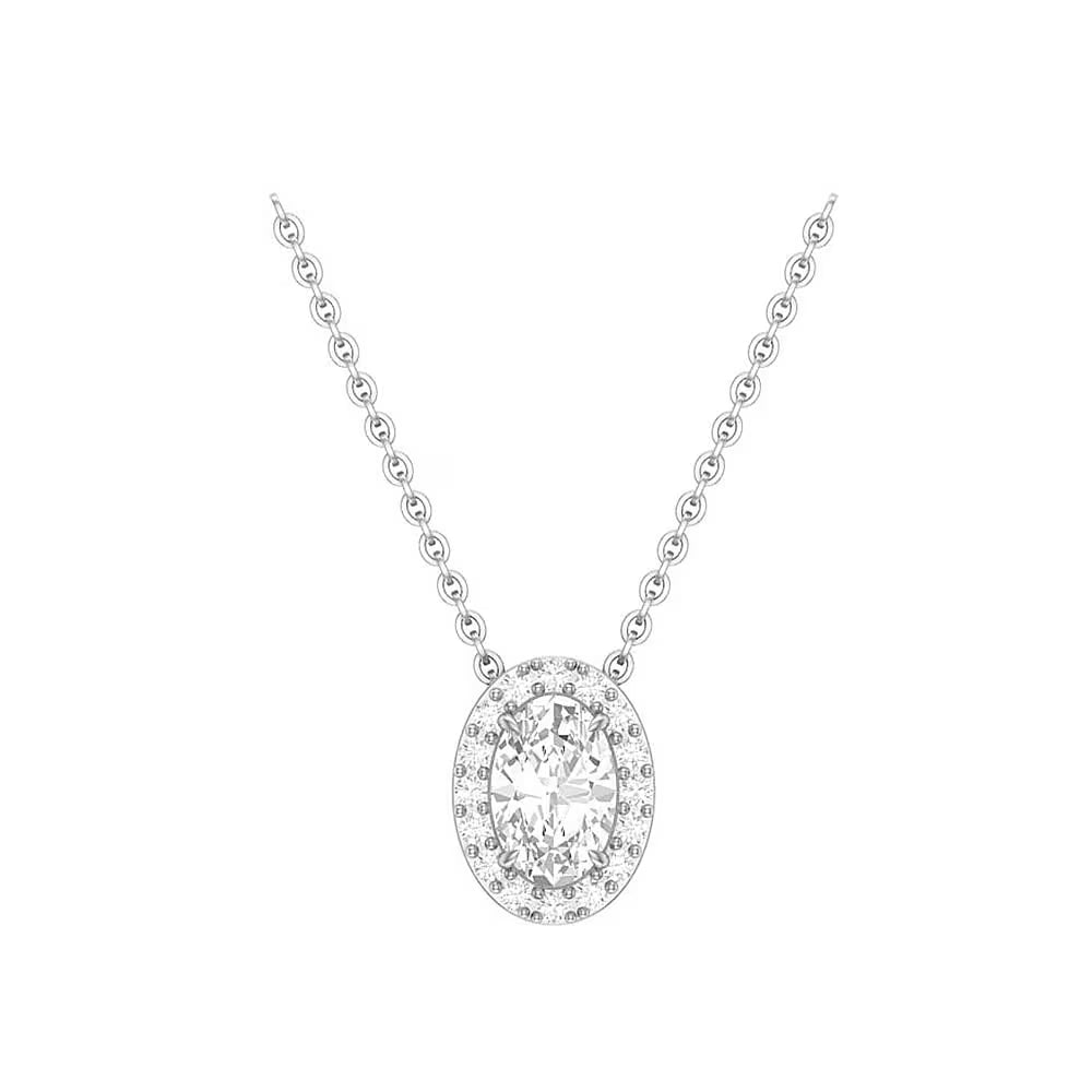 Oval-shaped halo diamond pendant in white gold