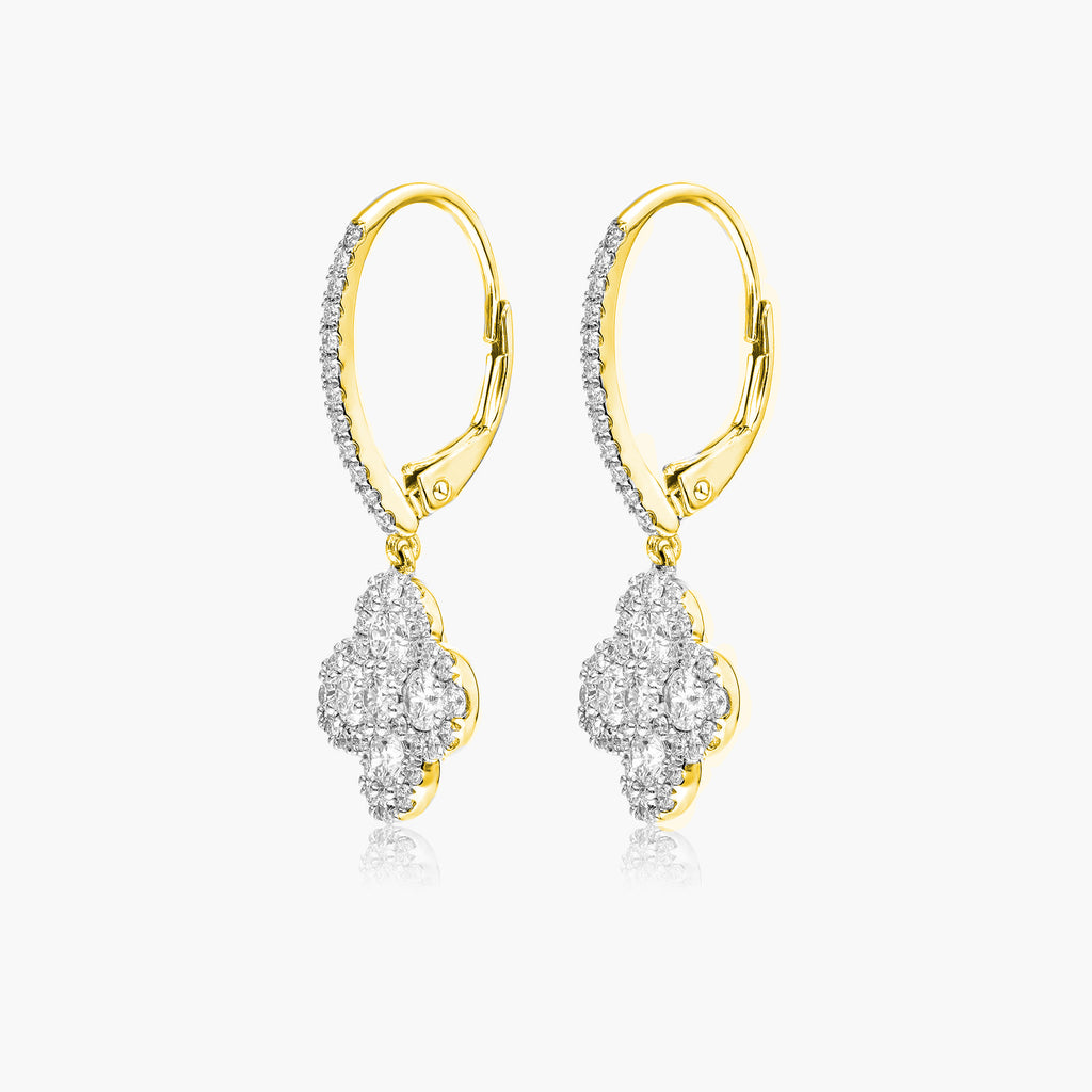 Clover pattern diamond dangle earrings in gold