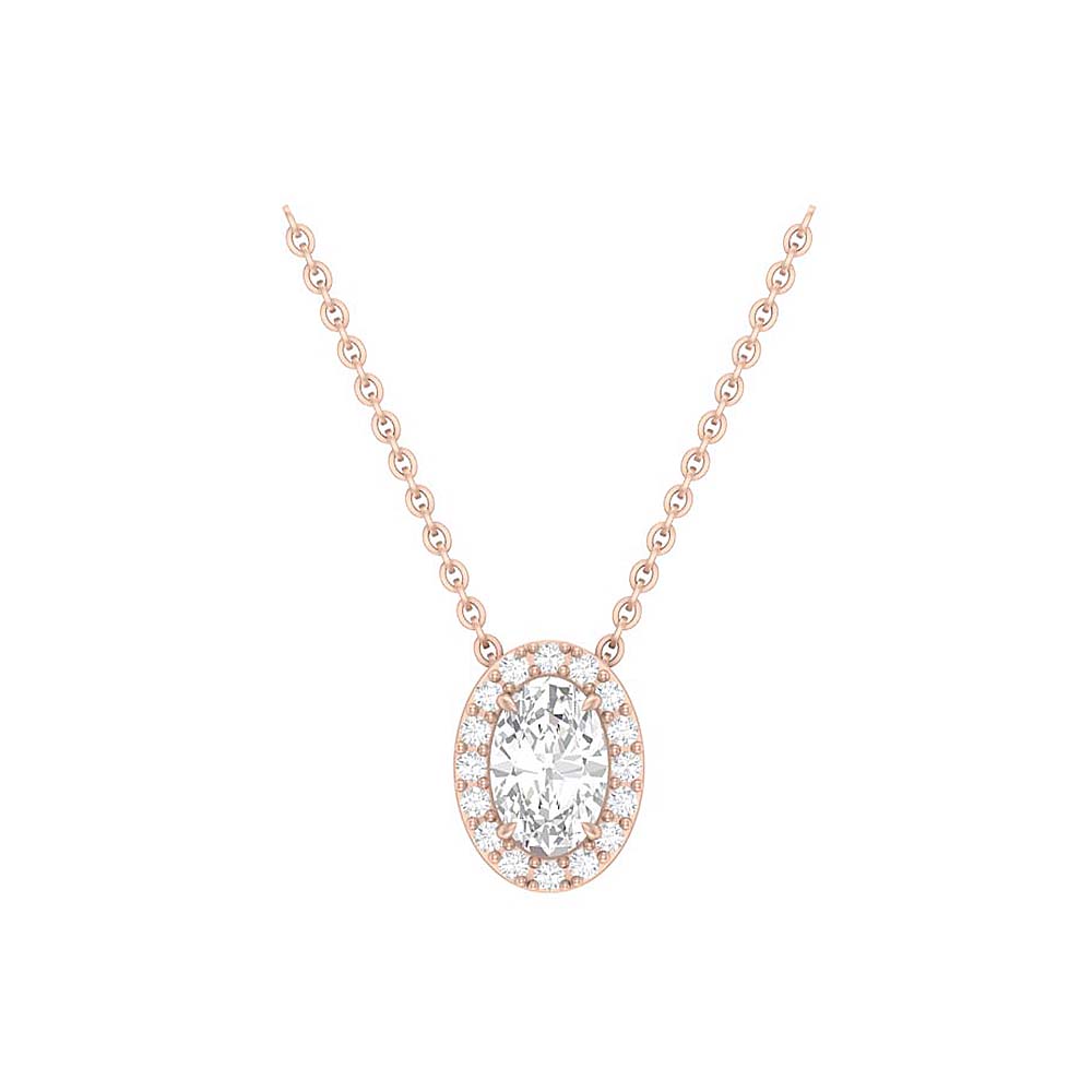 Oval-shaped halo diamond pendant in rose gold