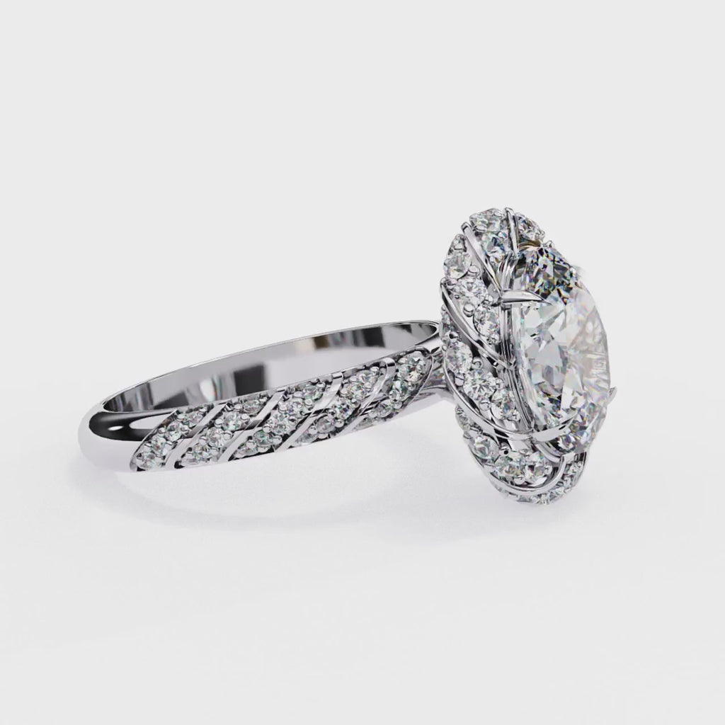Oval cut diamond ring with twisted halo
