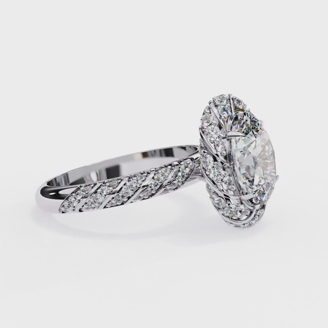 Oval cut diamond ring with twisted halo