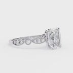 Emerald diamond ring in Milgrain Cathedral setting