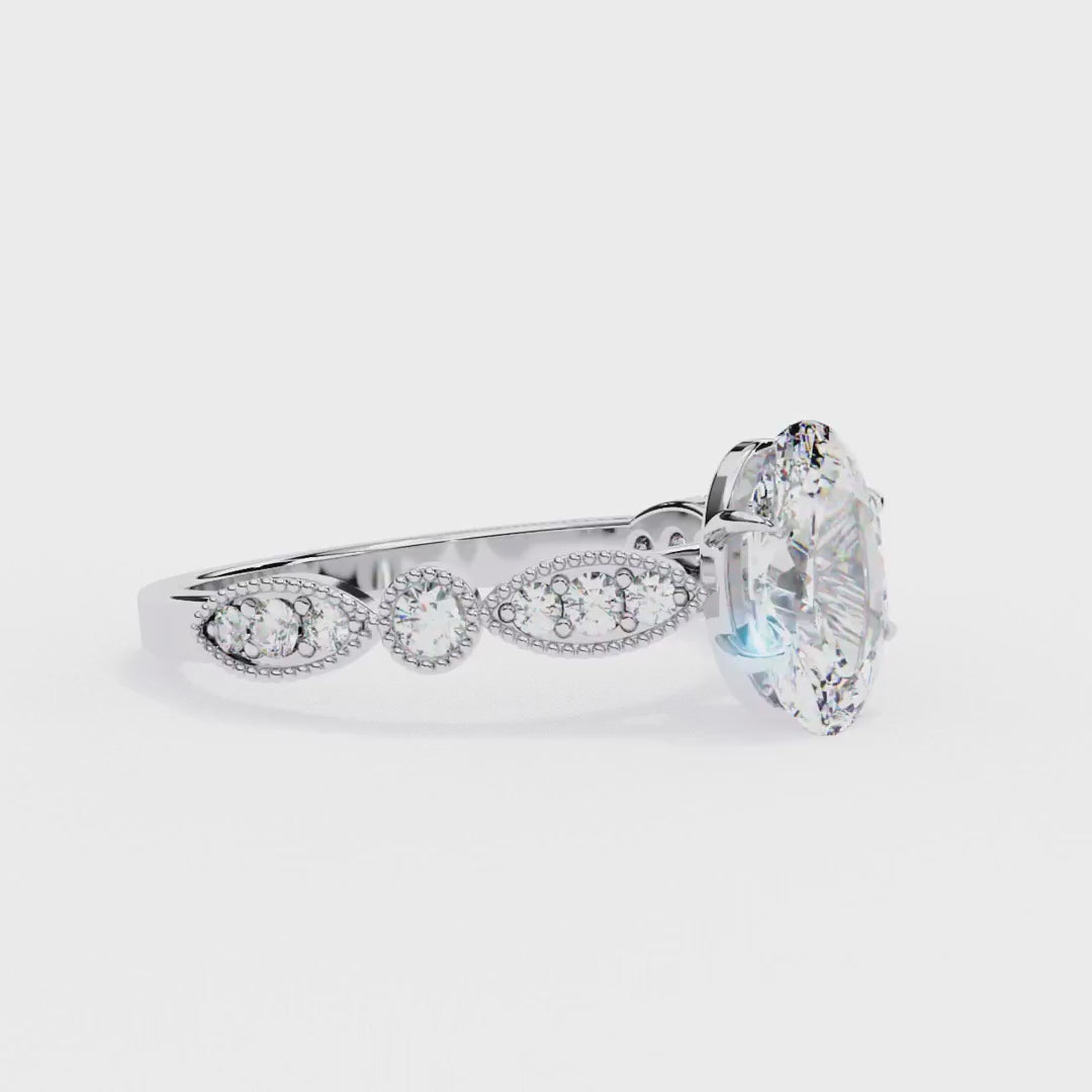 Oval shape diamond ring in Milgrain Cathedral setting