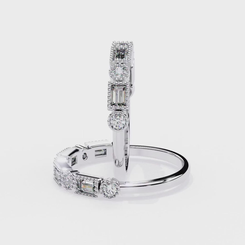 Geometric Baguette and Round Diamond Band Ring