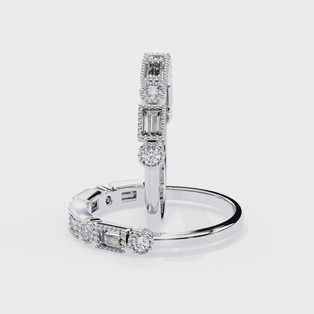 Geometric Baguette and Round Diamond Band Ring