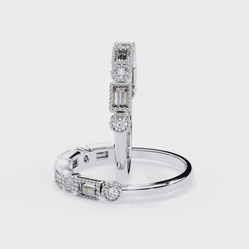 Geometric Baguette and Round Diamond Band Ring